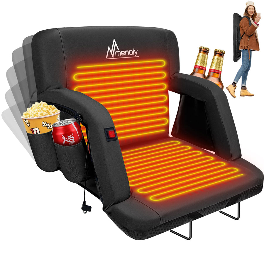 Black heated bleacher seat showing illustrated back and seat heating zones