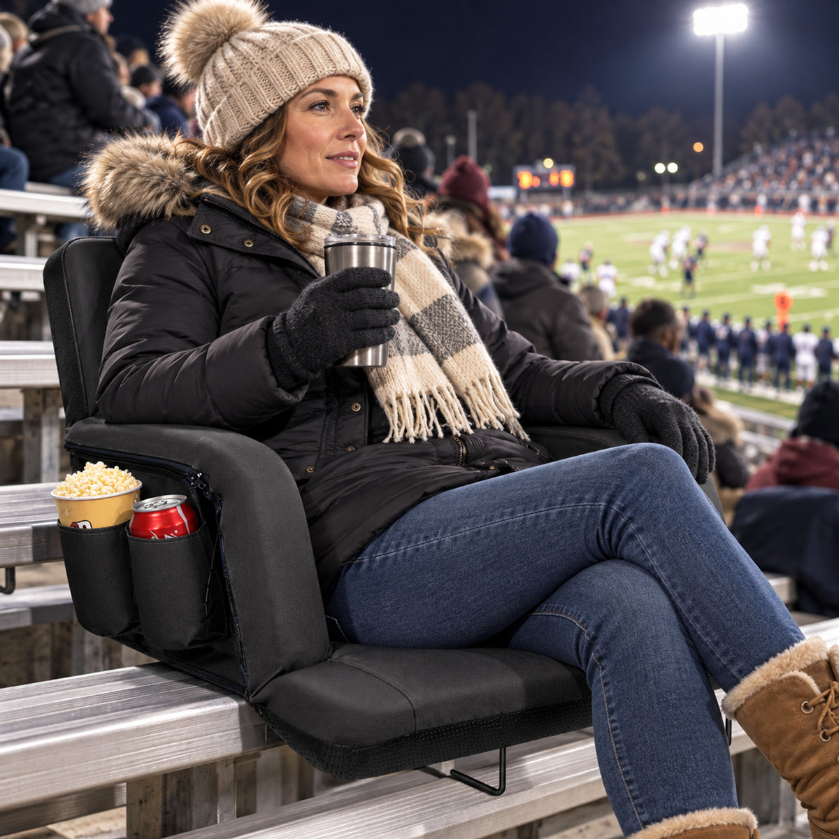 Woman using a black heated bleacher seat at a cold football game