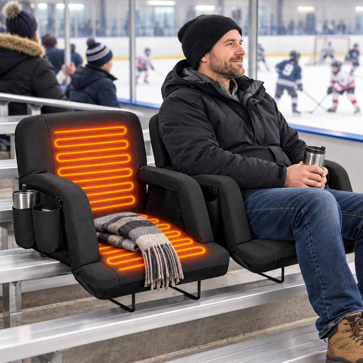 Heated bleacher seat with illustrated heat zones beside a spectator at a hockey rink
