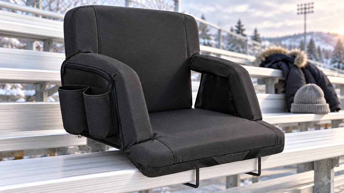 Black heated bleacher seat secured to an aluminum bench with hooks and storage pockets