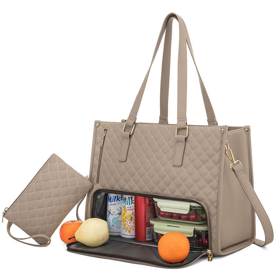 Beige quilted insulated lunch tote with its food compartment open
