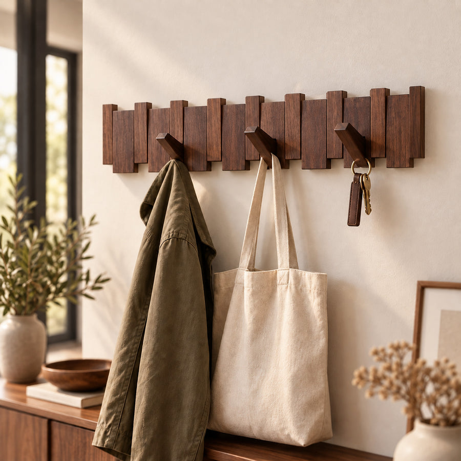 Dark walnut piano-key wall rack holding a jacket, tote and keys