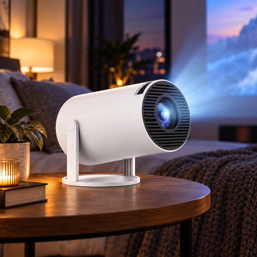 Compact white 720p mini projector on a bedside table