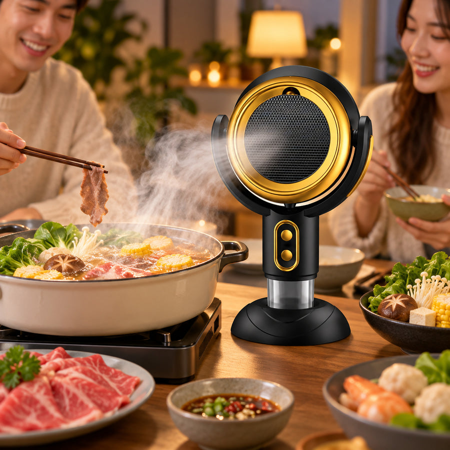 Black and gold countertop smoke extractor drawing steam beside a hot pot