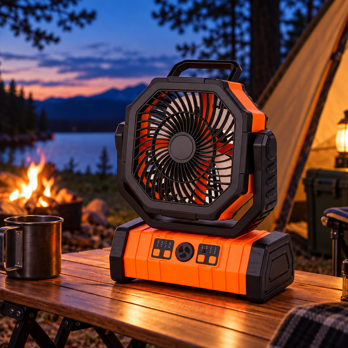 Orange rechargeable camping fan on a campsite table at dusk