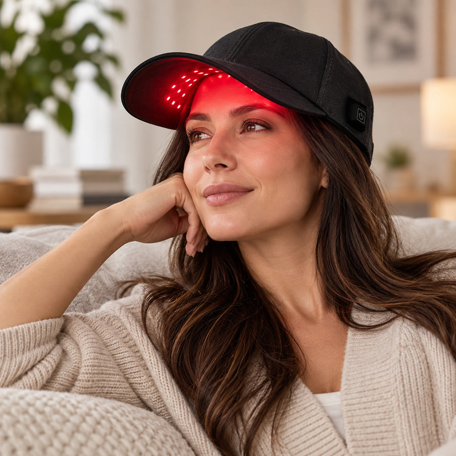 Woman wearing a black red light therapy cap while relaxing at home